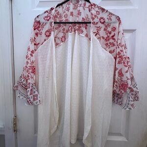 Maurices Red and White Floral Cardigan